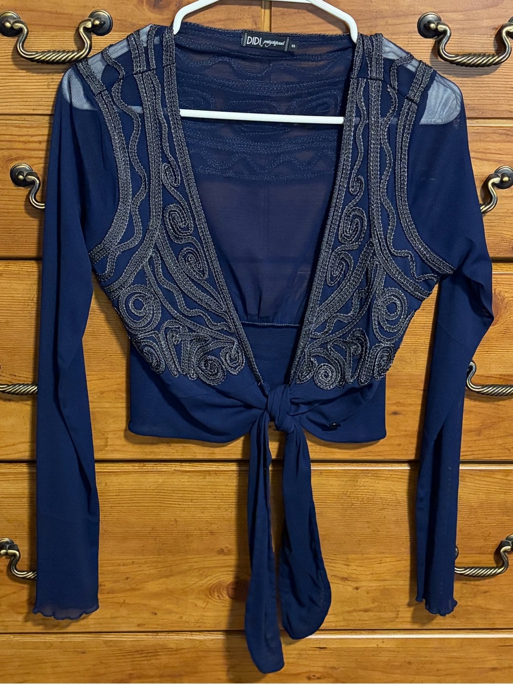 Navy Embellished Tie-Front Long Sleeve Cardigan